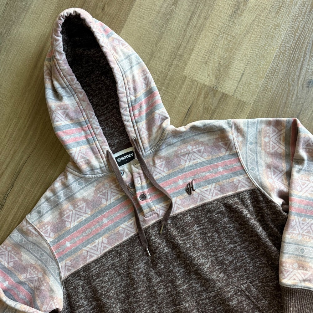 Hooey Mens Aztec Print Henley Hoodie Brown Marled Geometric Pullover Large
